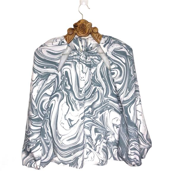 Jonathan Simkhai Blouse Tia Marble Cutout Keyhole Balloon Sleeve Blue White xs - Picture 1 of 10